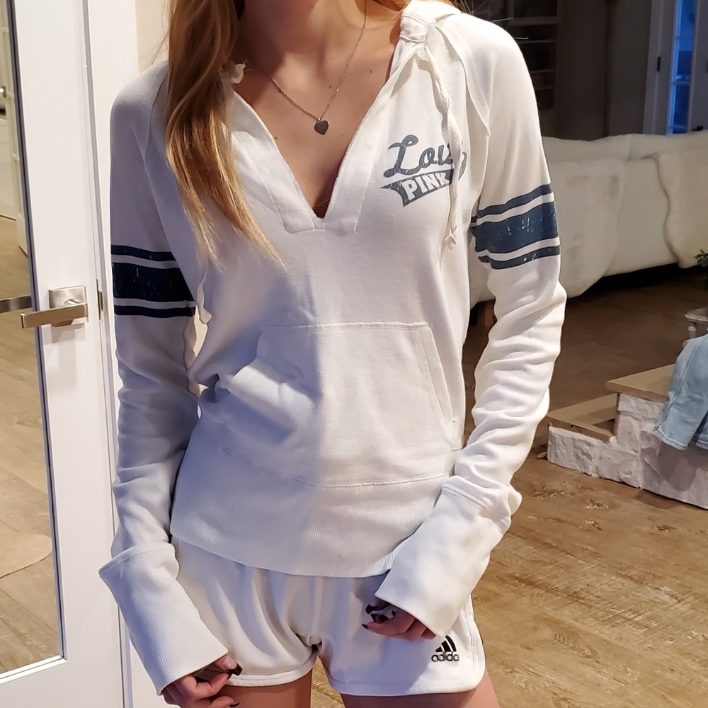 VS PINK White/blue Hooded Long Sleeve Tee, size M